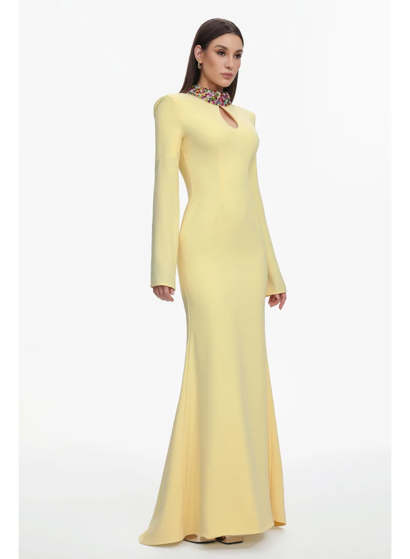 Bella Barnett  Ditala Elegant Tailored Cape Sleeve Cut Out Rhinestone Woven Maxi Dress for Women | Best Price UAE